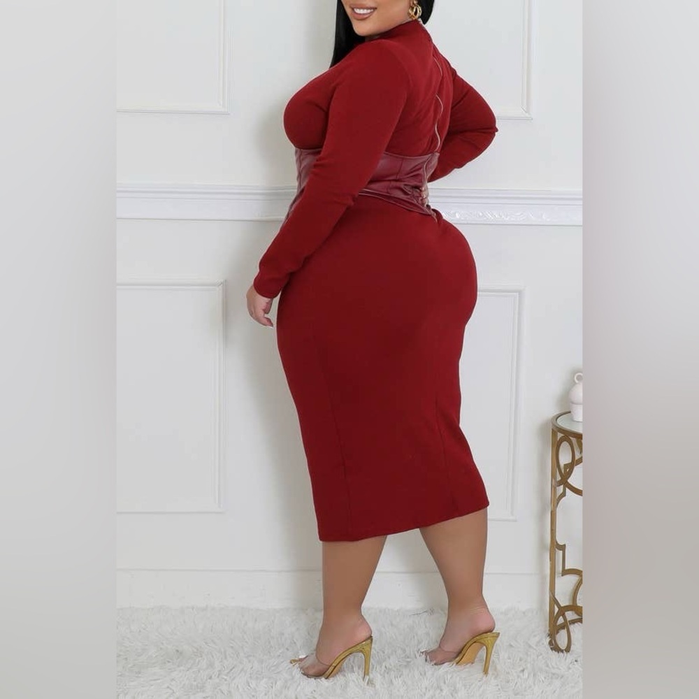 Snatched at the Waist Curvy Plus Size Midi Dress Faux Leather Corset Detail - Picture 2 of 4